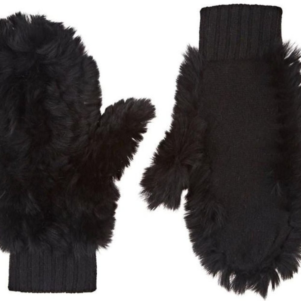 BARNEYS NEW YORK RABBIT FUR BLACK GLOVES NWT